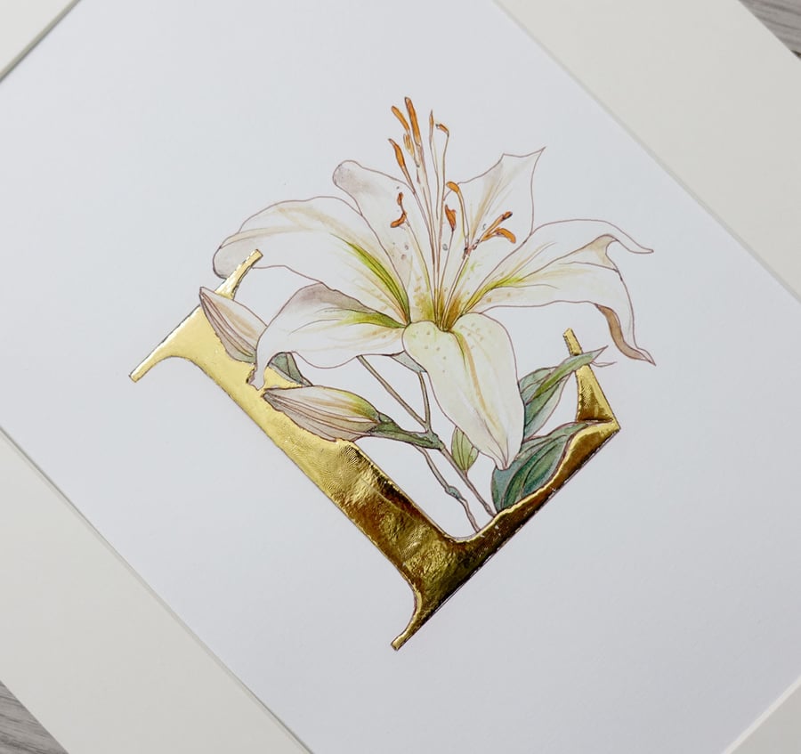 Watercolour White Lily Pure Gold Leaf  Art.   Personalised Gifts.