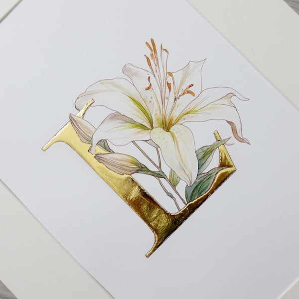 Watercolour White Lily Pure Gold Leaf  Art.   Personalised Gifts.