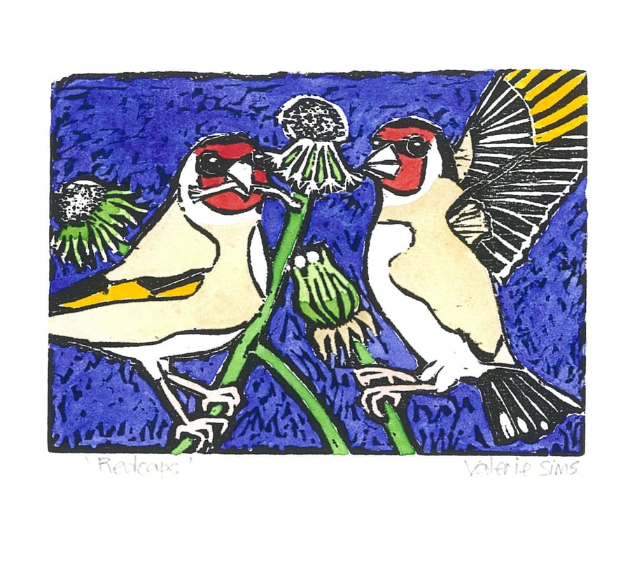 Redcaps - Woodcut Print - Original Art for Wildlife and Bird Lovers