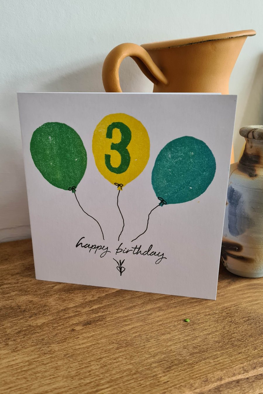 Numbered balloon birthday card handpainted handprinted