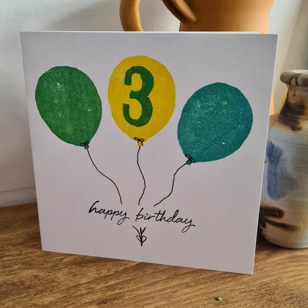 Numbered balloon birthday card handpainted handprinted
