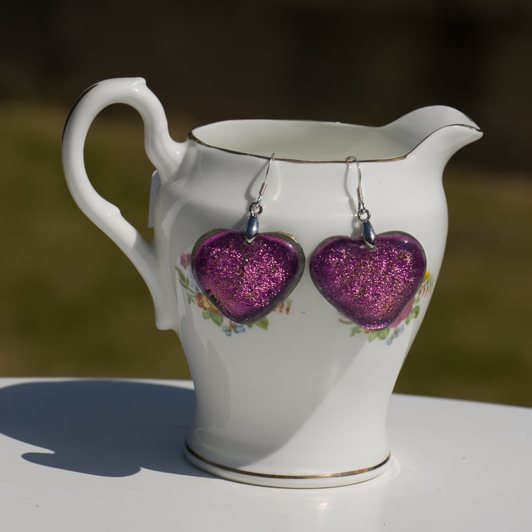 Sparkly Pink Dichroic Glass Earrings on Sterling Silver Wires - 2523