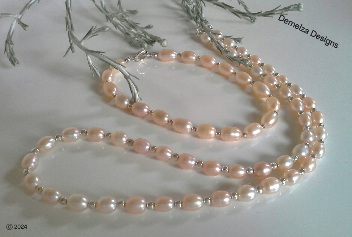 Quality Freshwater Rice Pearl Necklace, Bracelet & Earring  Set 925 silver 