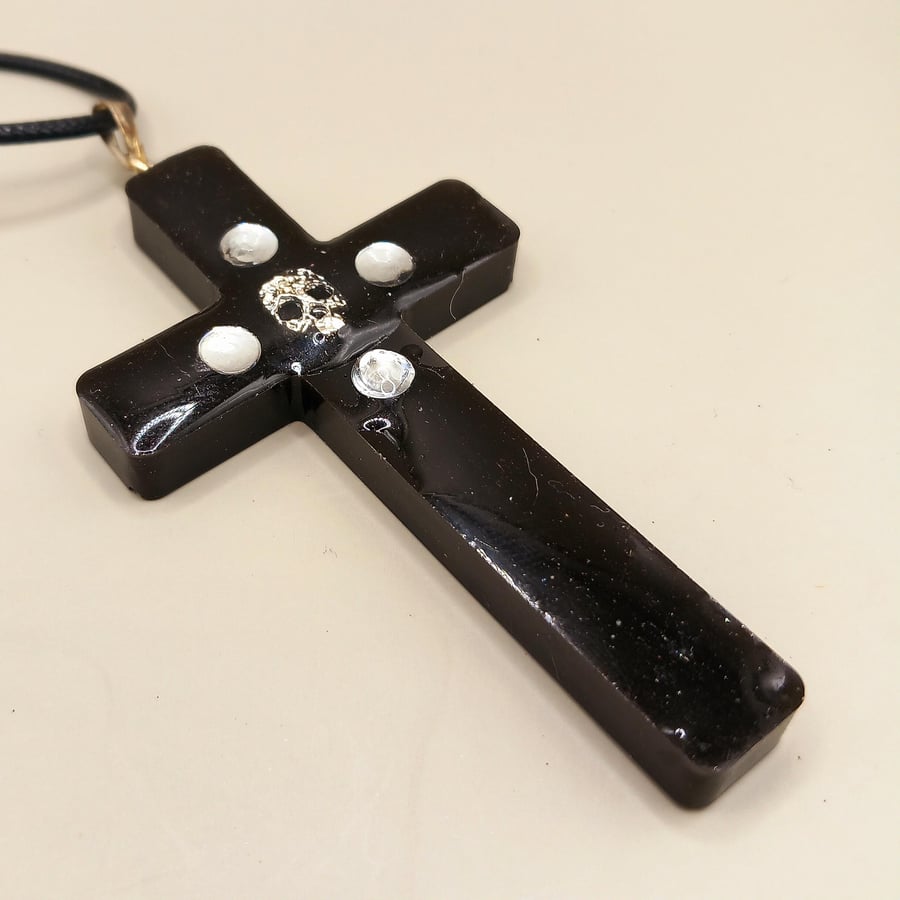 Large Handmade Black Resin Crucifix or Gothic Pendant with Silver Skull Centre