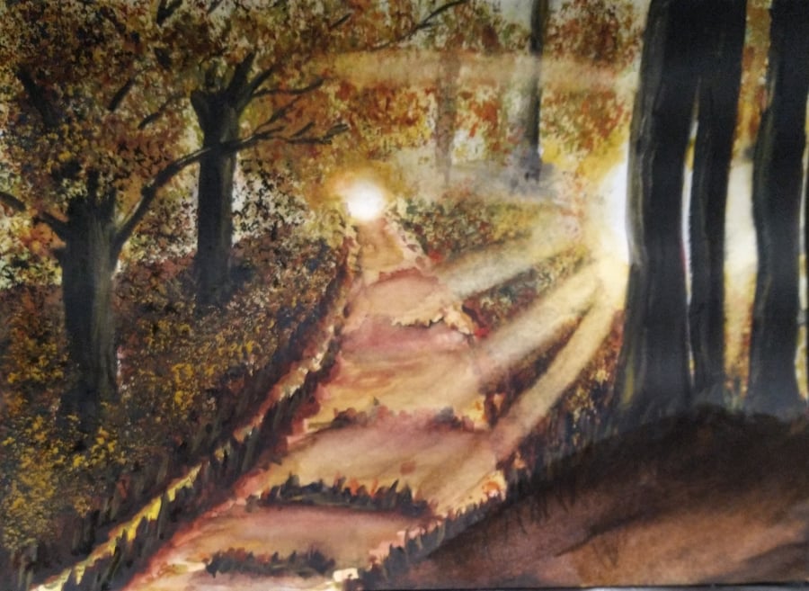 Dawn Woods, woodland watercolour print, Dawn sunrise, from original watercolour 