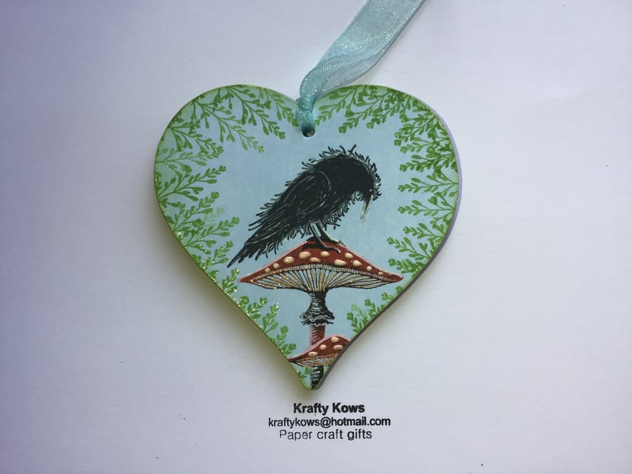 Small Wooden Hanging Heart with Mushrooms and Crows