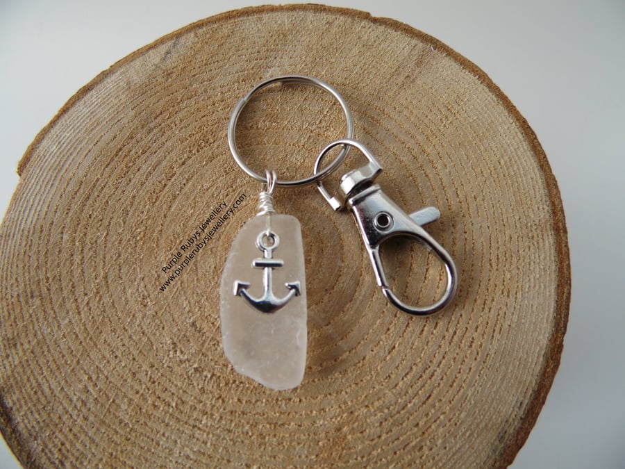 White Sea Glass with Anchor Bag Charm Key Ring K270