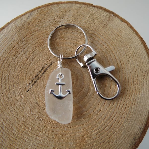White Sea Glass with Anchor Bag Charm Key Ring K270
