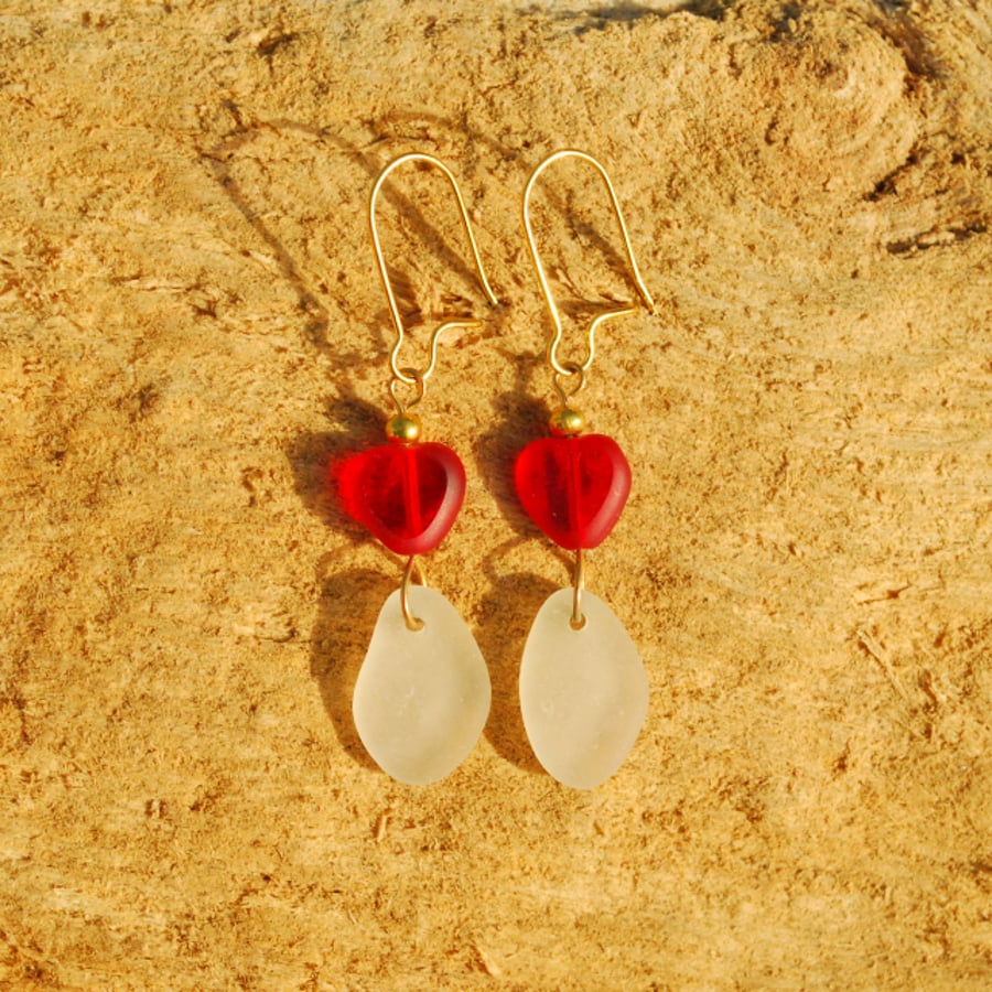 Sea glass earrings with red hearts