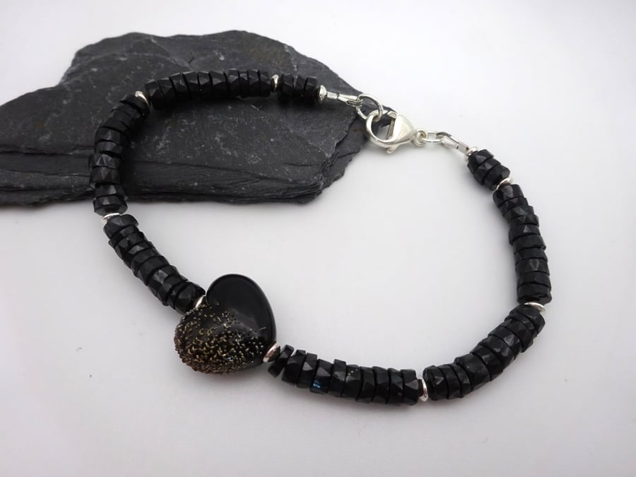 black spinel and lampwork glass heart bracelet