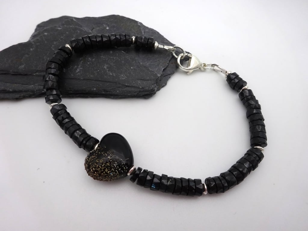 black spinel and lampwork glass heart bracelet