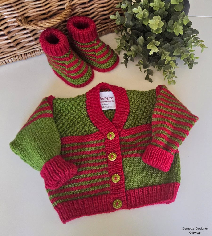 Designer Baby Cardigan & Booties Set Hand Knitted  3-9 Months Size
