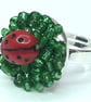 LADYBIRD GRASS RING seed beads ceramic ladybug silver plated  - Image 7