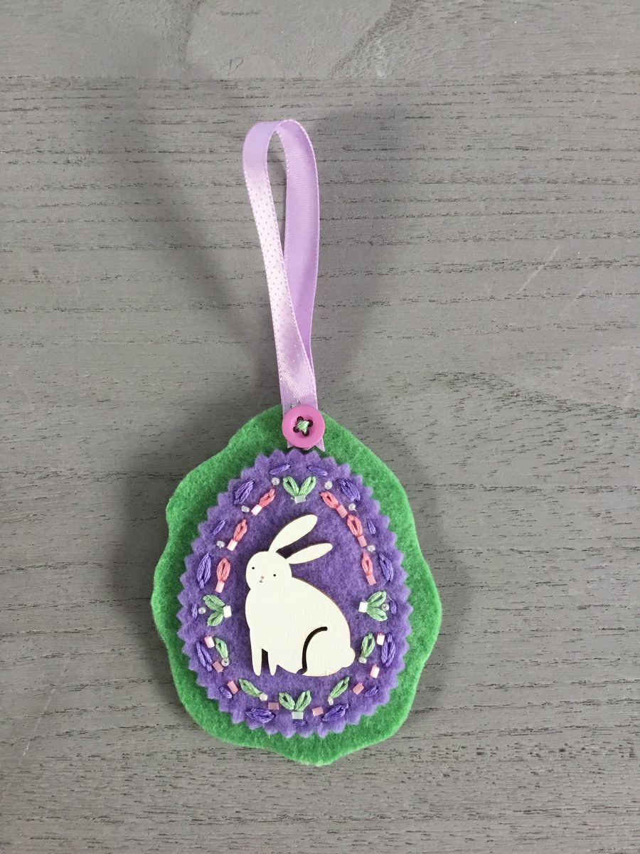 Hand Embroidered Lavender Bunny Hanging Decoration 