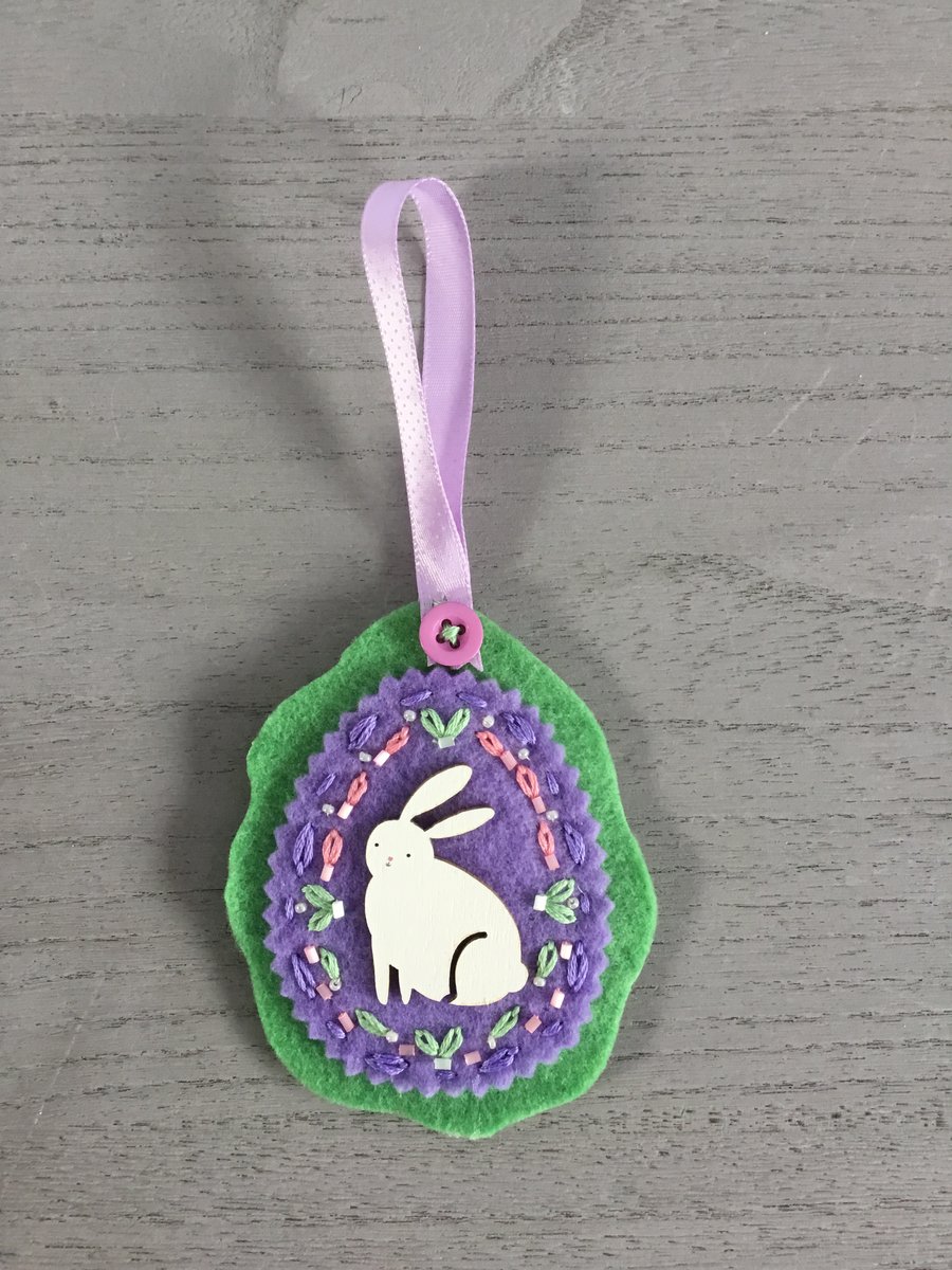 Hand Embroidered Lavender Rabbit Decoration 