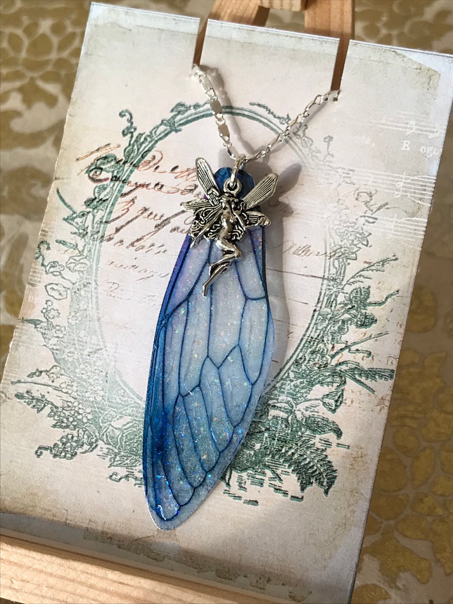 Dark Blue Fairy Wing Sterling Silver Necklace