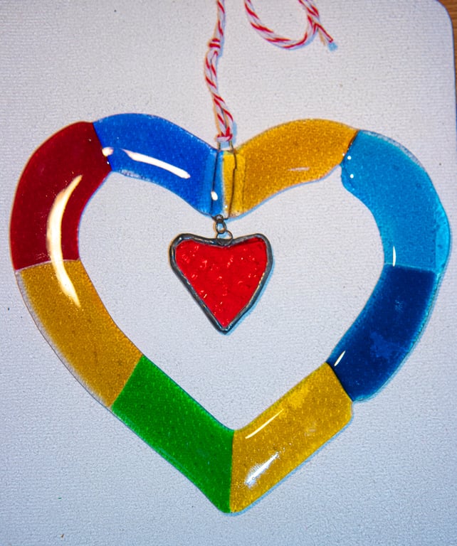 Fused glass open heart multi coloured light-catcher. Valentines Day gift?