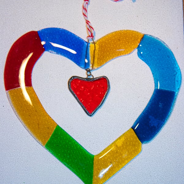 Fused glass open heart multi coloured light-catcher. Valentines Day gift?