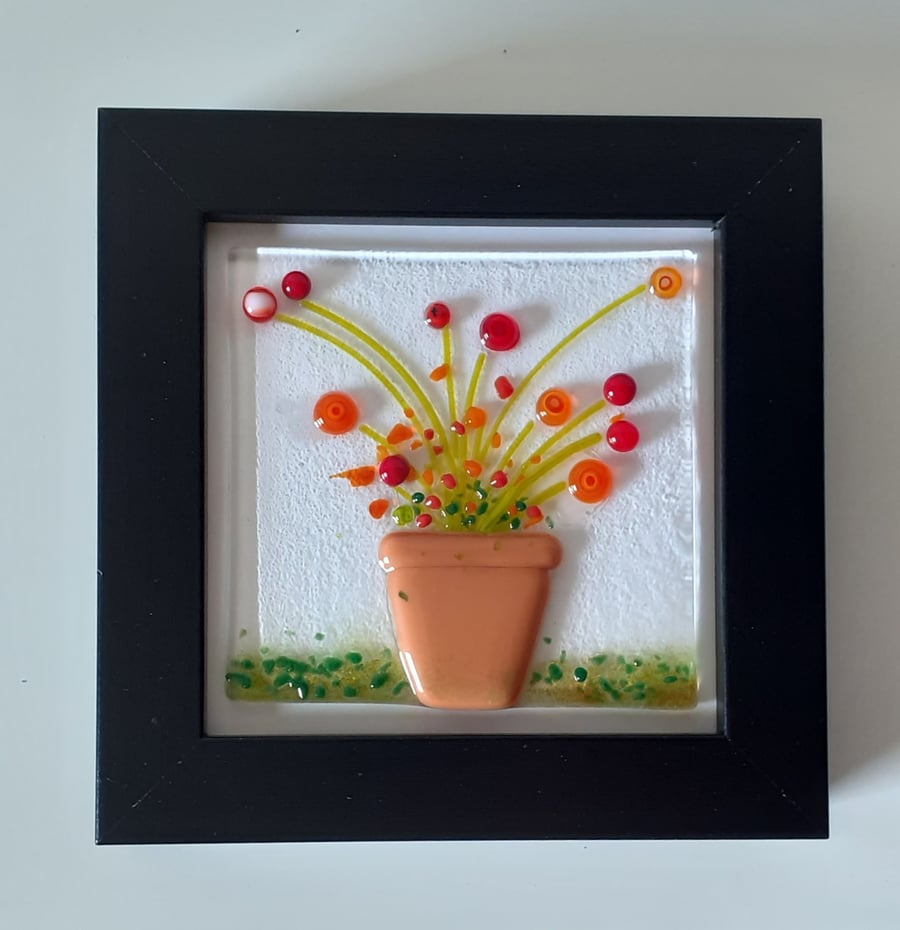 Fused glass pot of flowers framed picture