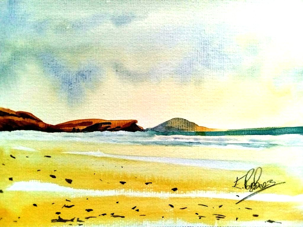 Ireland Seascape, Donegal Beach, original watercolour painting, signed, A5.