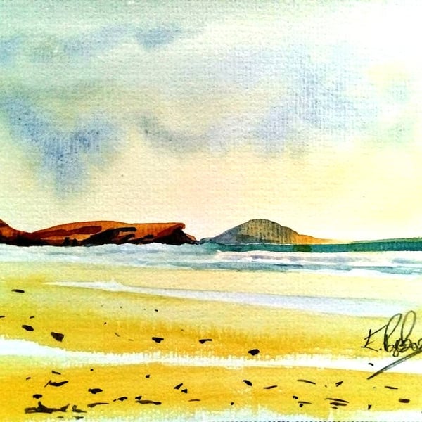 Ireland Seascape, Donegal Beach, original watercolour painting, signed, A5.