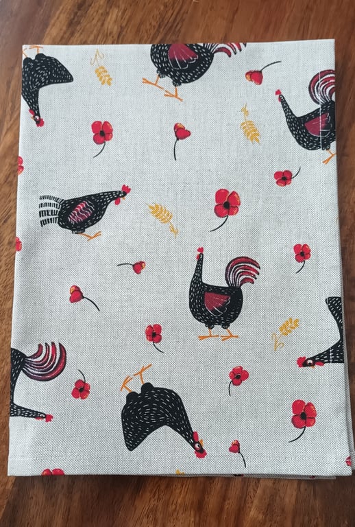 Black Speckled Hen And Red Poppy Tea Towel. Natural Linen look.