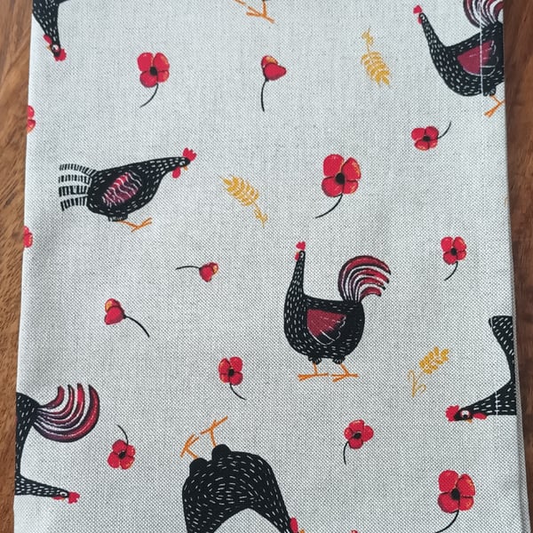 Black Speckled Hen And Red Poppy Tea Towel. Natural Linen look.