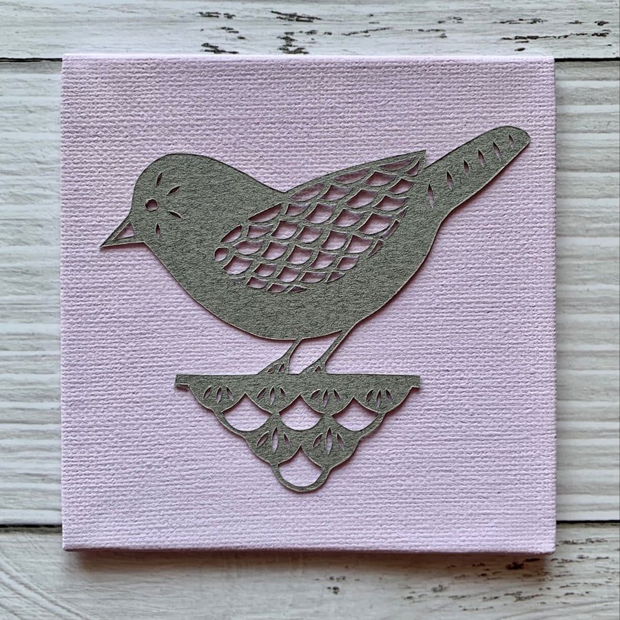 Mini Bird 'Dorothy' Original Hand Cut Papercut on Canvas - Grey