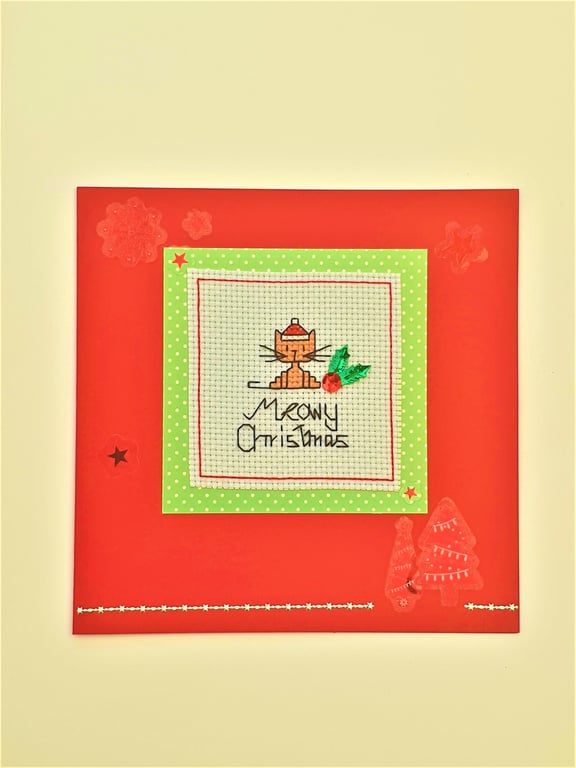 Christmas Cat Cross stitch card with "Meowy Christmas" wording