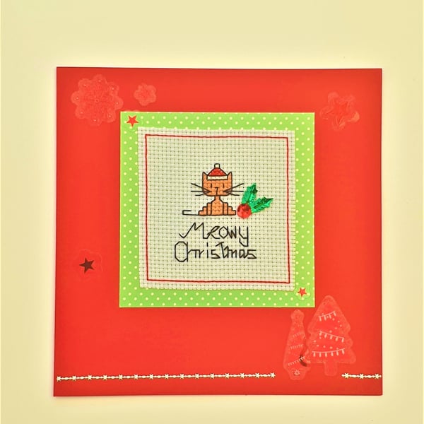 Christmas Cat Cross stitch card with "Meowy Christmas" wording