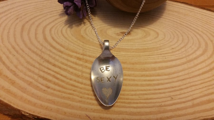 Silver Plated Upcycled Spoon Necklace Engraved 'Be Sexy' SPN101505