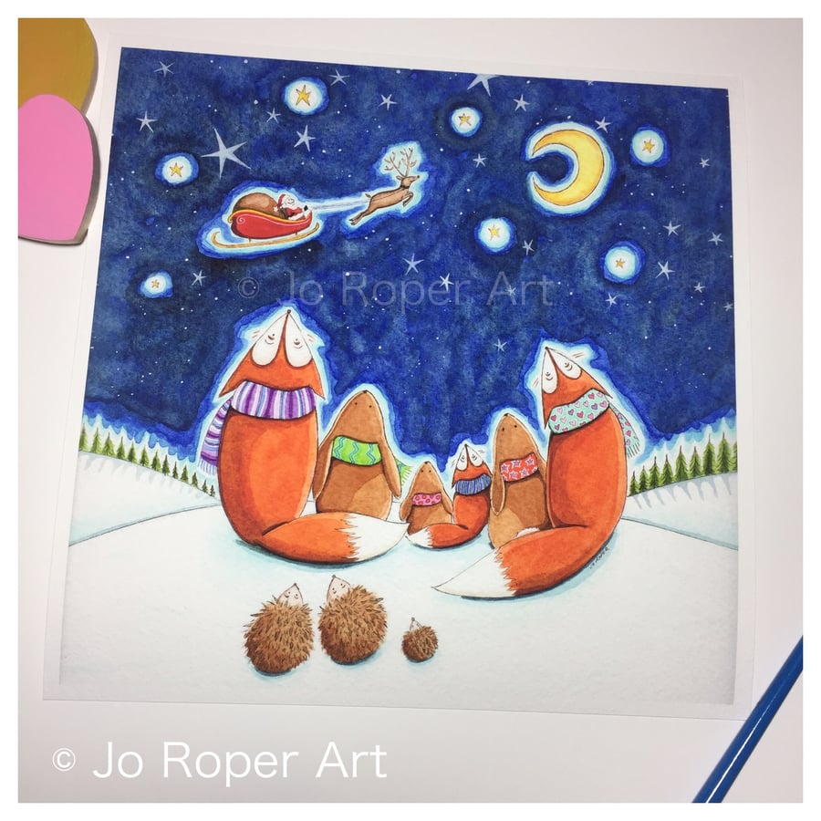 Special price Santa is here is a 9" x 9" giclee Print by Jo Roper Art  