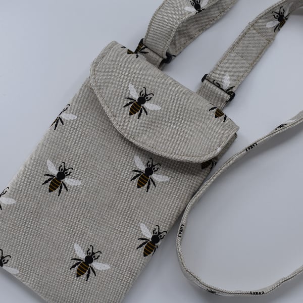 iPhone or android shoulder or crossbody, carry pouch. Bee print fabric.