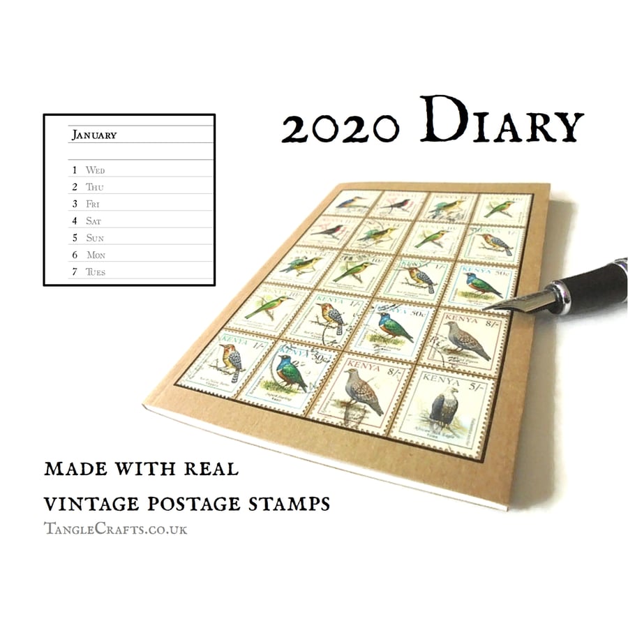 Bird Diary 2020, Upcycled Postage Stamps - A6 Pocket Month Planner