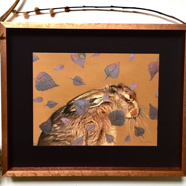 "Peace Hare" A Copper Leaf Framed Original Coloured Pencil Drawing 