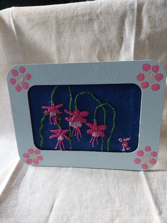 Hand embroidered flowers small upcycled painted picture frame 