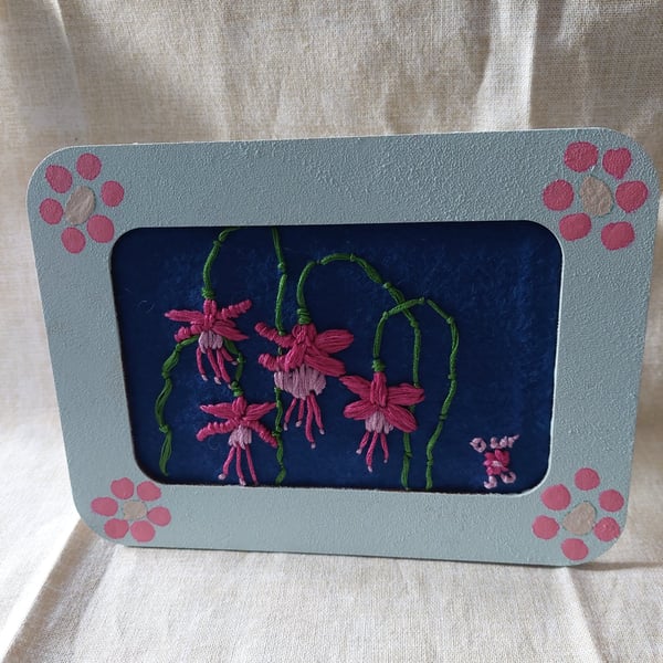 Hand embroidered flowers small upcycled painted picture frame 