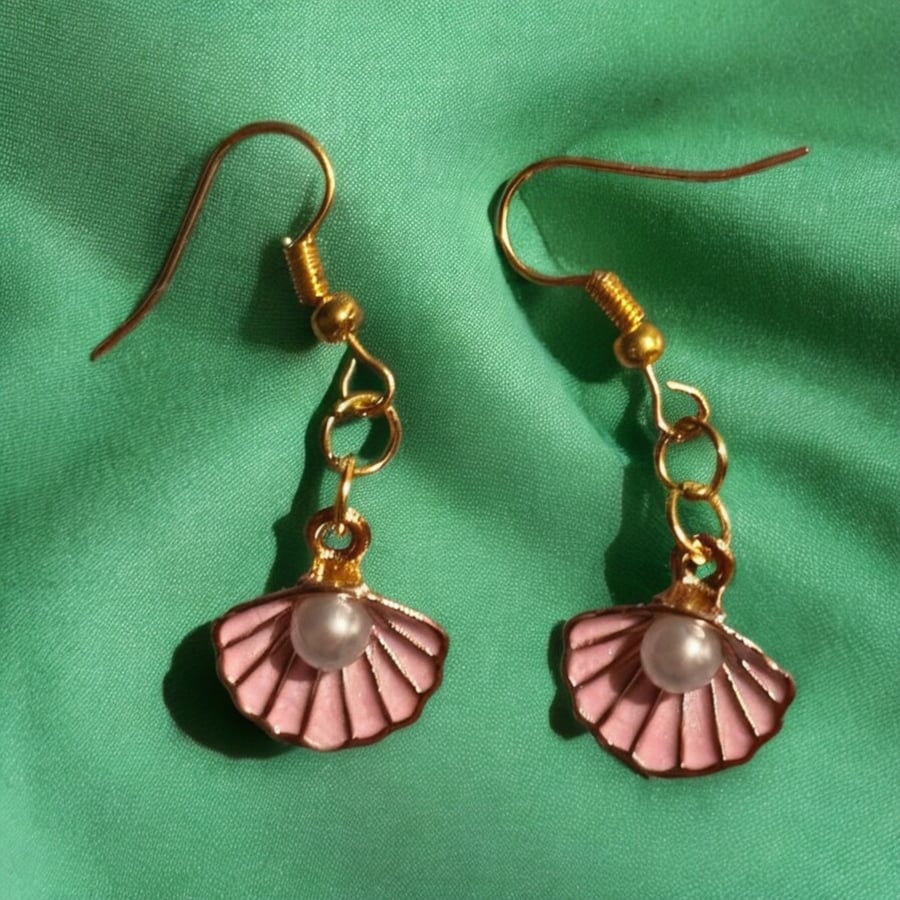Golden Seashell Pearl Dangle Earrings