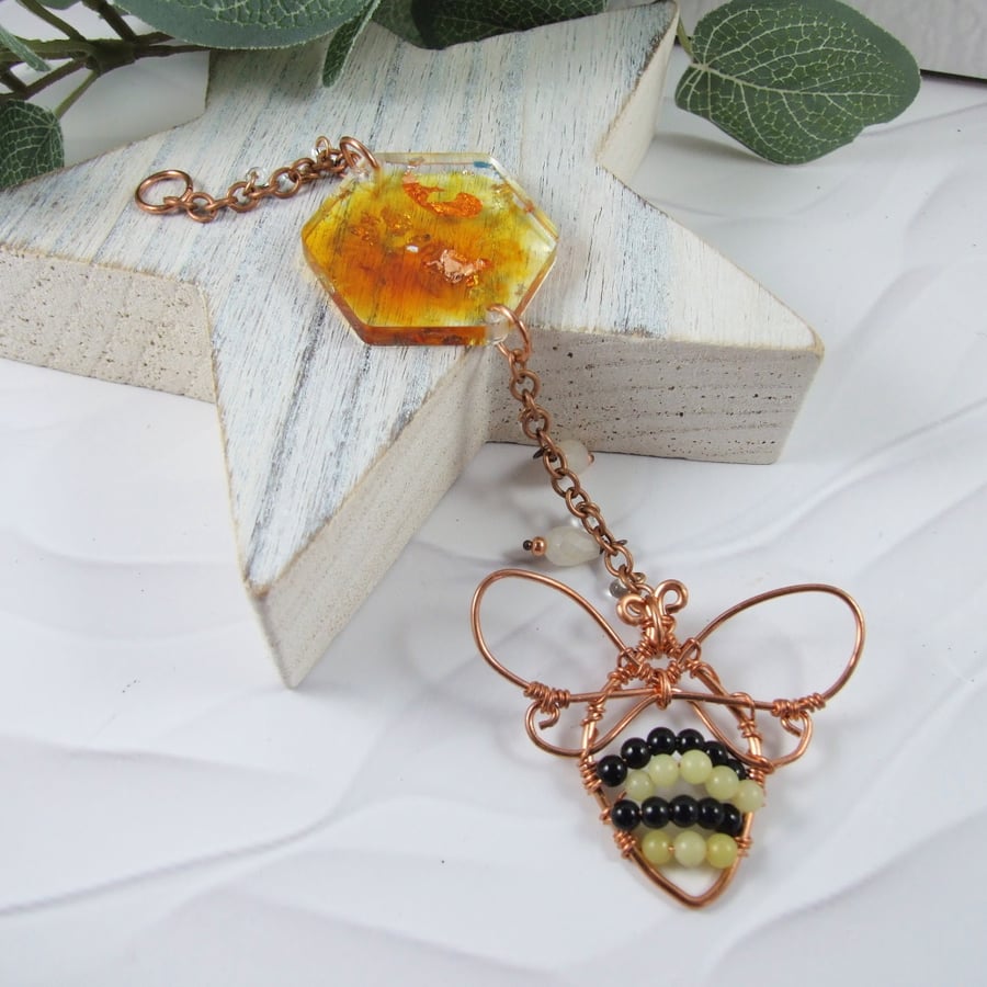 Bee Hanging Decoration, Copper with Bio Resin, Onyx and Jade Suncatcher