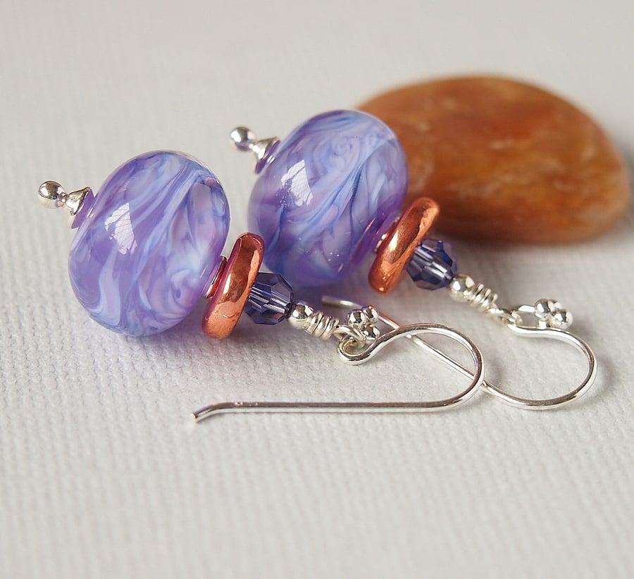 Mauve Lampwork Glass Bead Earrings, Copper Greek Ceramic, Sterling Silver