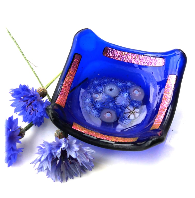 Blue Ring Earring Fused Glass Dish Dichroic Millefiori Gift Art Handmade