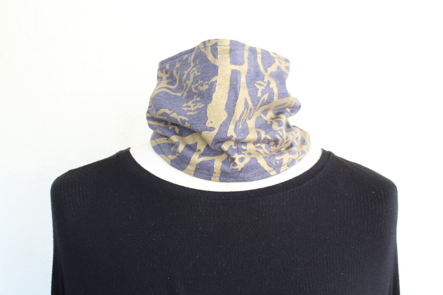 Handmade stretch cotton blue neck warmer, hand printed tree,Eco Snood scarf.