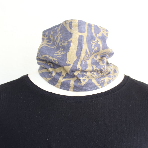 Handmade stretch cotton blue neck warmer, hand printed tree,Eco Snood scarf.