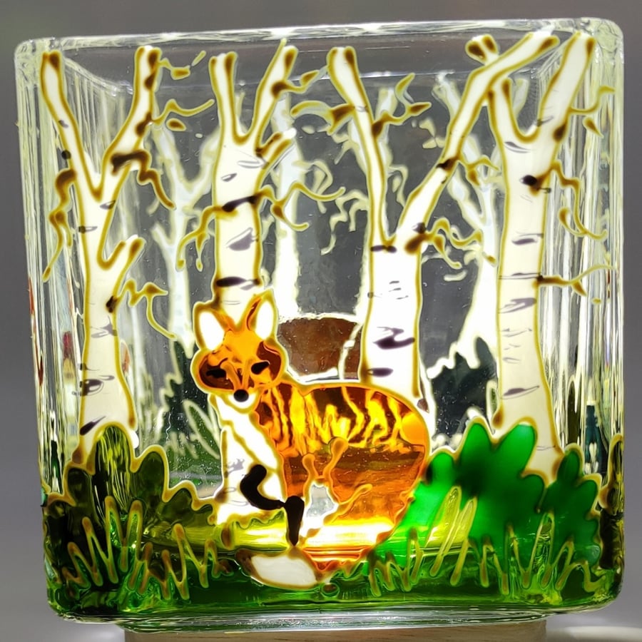 Hand painted glass candle holder, a skulk of foxes in the woods 
