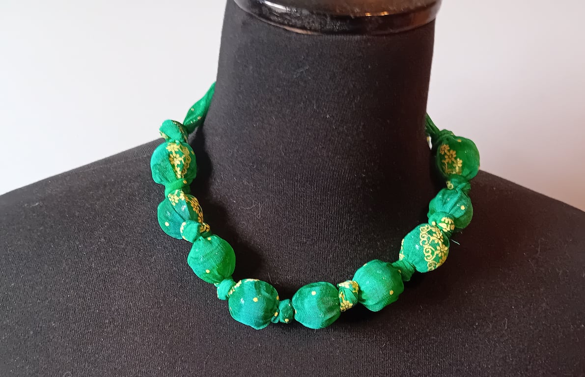 Green and Gold Silk Sari Fabric Bead Necklace