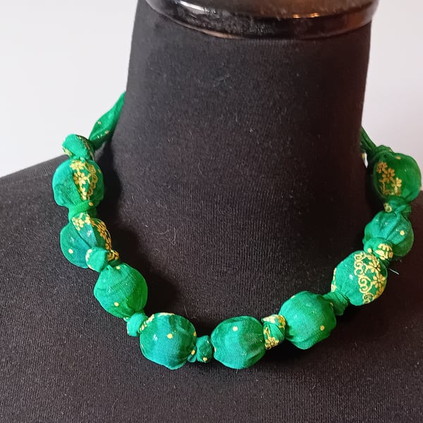 Green and Gold Silk Sari Fabric Bead Necklace
