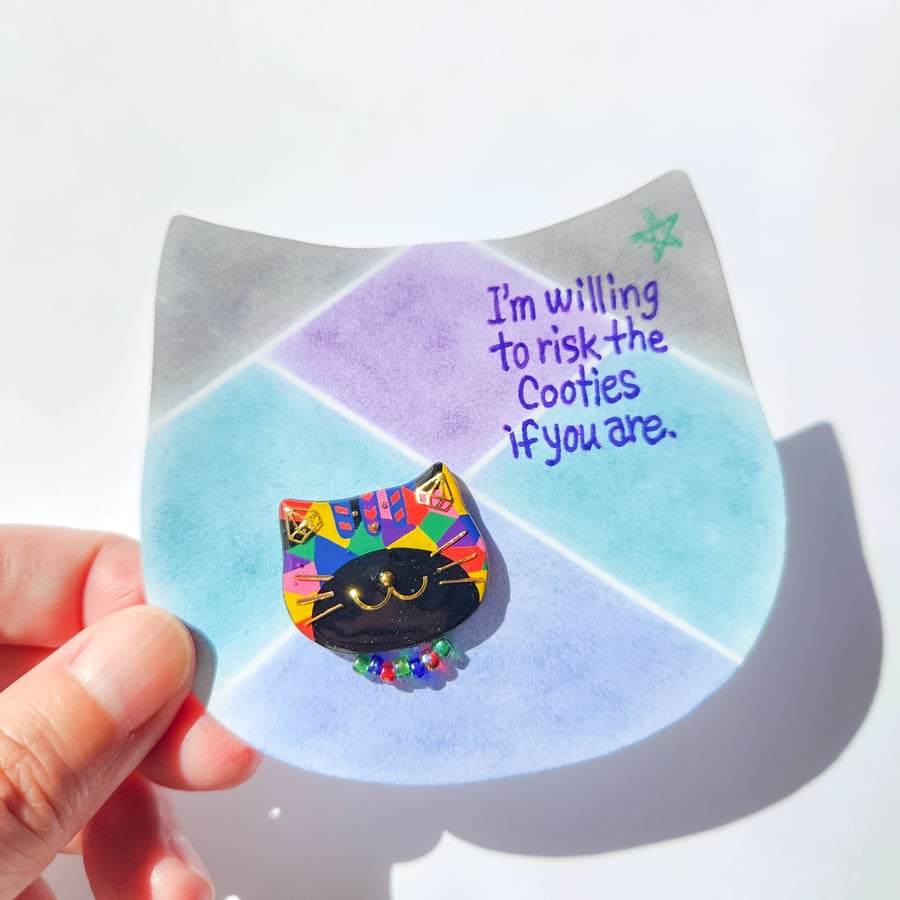 Hand-painted Cat Brooch with hand-coloured card