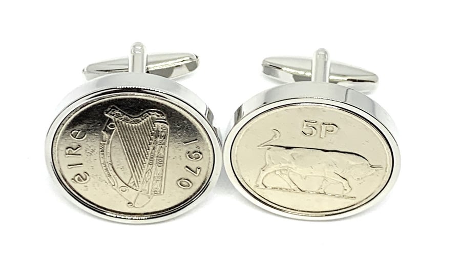 1970 52nd Birthday Anniversary Old Large Irish 5p coin cufflinks - Irish Five