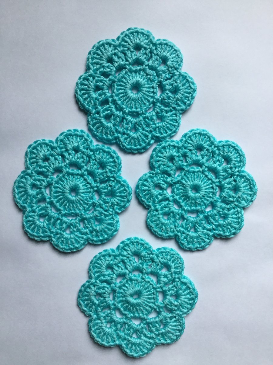 Crochet Coasters Set of 4 in Aquamarine Turquoise