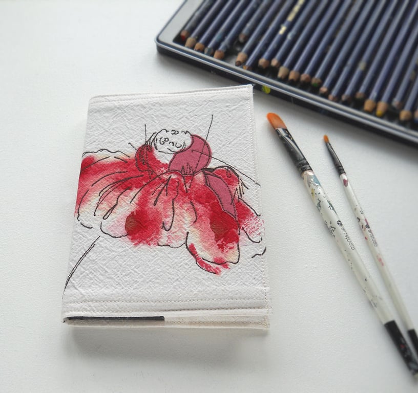 A6 free hand embroidered floral notebook - red echinacea